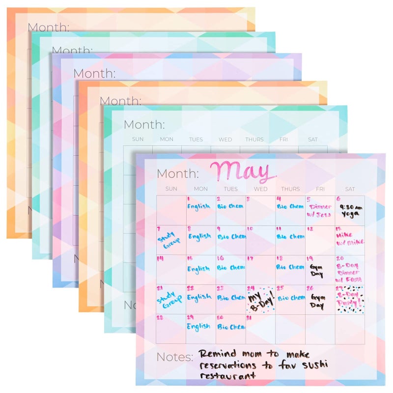 Paper Junkie 6-Pack Undated Monthly Adhesive Peel and Stick Calendar, Dry Erase Reusable Calendar for Wall, Home Office Schedule Reminders, Memo Notes, 3 Assorted Colors (13.75x12.8 in) - Image 1